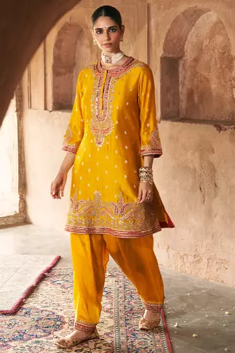 Mustard embroidered chanderi silk kurta set