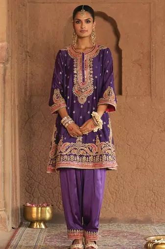 Purple embroidered chanderi silk kurta set