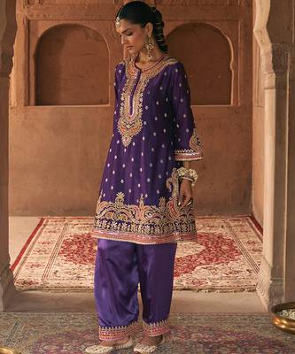 Purple embroidered chanderi silk kurta set 3