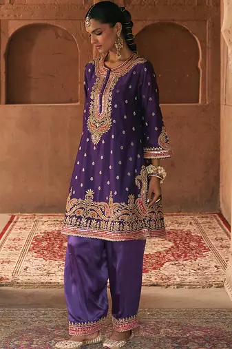 Purple embroidered chanderi silk kurta set