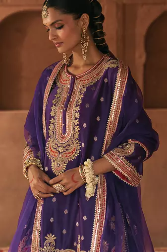 Purple embroidered chanderi silk kurta set
