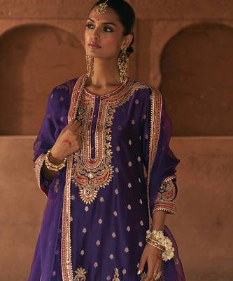 Purple embroidered chanderi silk kurta set 5