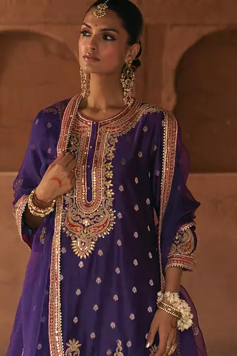 Purple embroidered chanderi silk kurta set