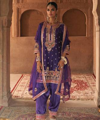 Purple embroidered chanderi silk kurta set 1