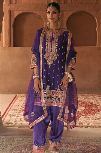 Purple embroidered chanderi silk kurta set