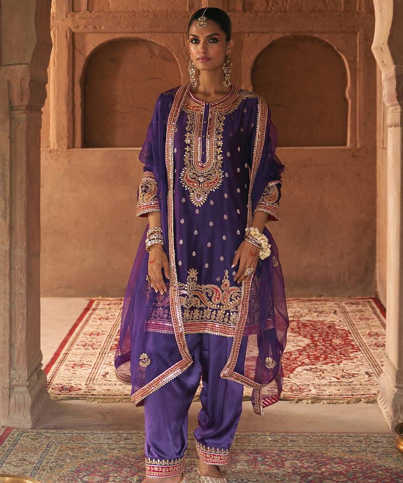 Purple embroidered chanderi silk kurta set