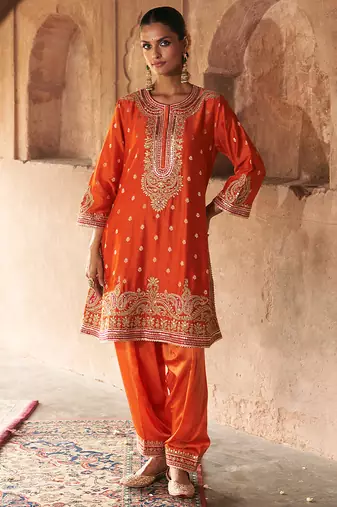 Orange embroidered chanderi silk kurta set