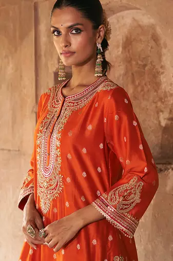 Orange embroidered chanderi silk kurta set