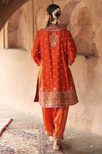 Orange embroidered chanderi silk kurta set