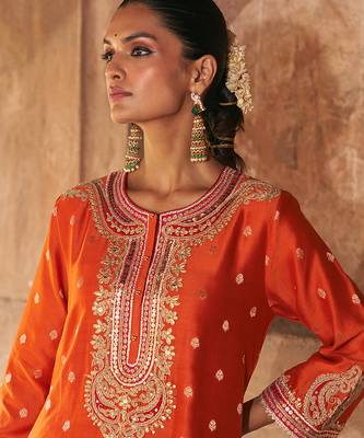 Orange embroidered chanderi silk kurta set 5