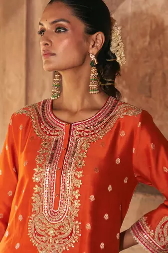 Orange embroidered chanderi silk kurta set