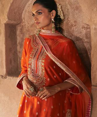 Orange embroidered chanderi silk kurta set 1