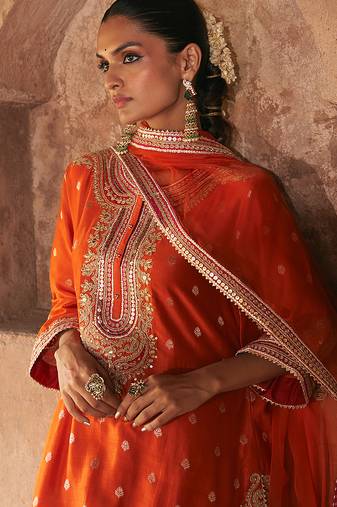 Orange embroidered chanderi silk kurta set