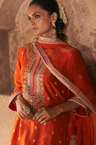 Orange embroidered chanderi silk kurta set
