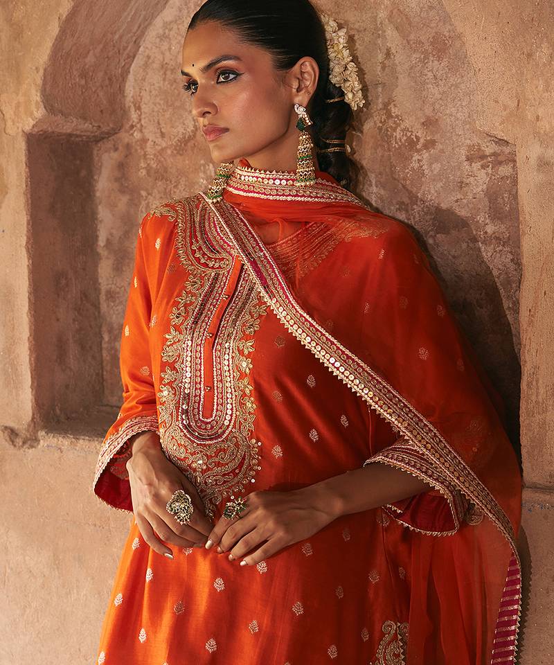 Orange embroidered chanderi silk kurta set