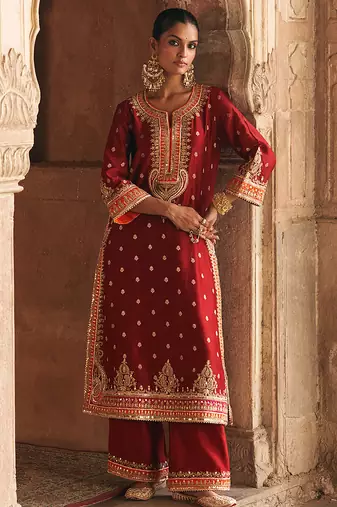 Red embroidered chanderi silk kurta set