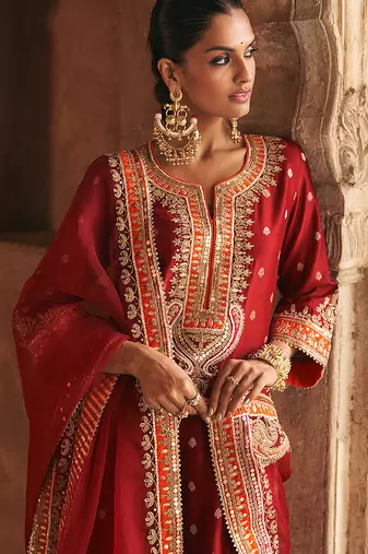 Red embroidered chanderi silk kurta set