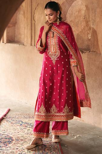 Hot pink embroidered chanderi silk kurta set