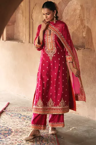 Hot pink embroidered chanderi silk kurta set