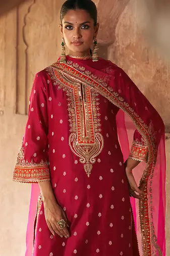 Hot pink embroidered chanderi silk kurta set