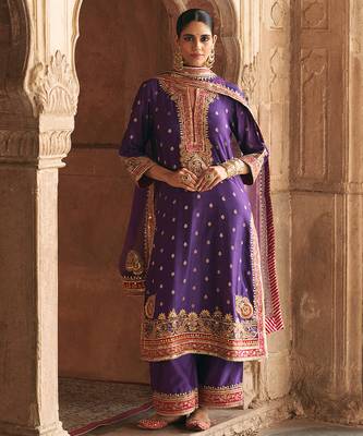 Purple embroidered chanderi silk kurta set 1
