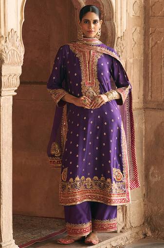 Purple embroidered chanderi silk kurta set
