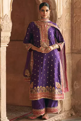 Purple embroidered chanderi silk kurta set