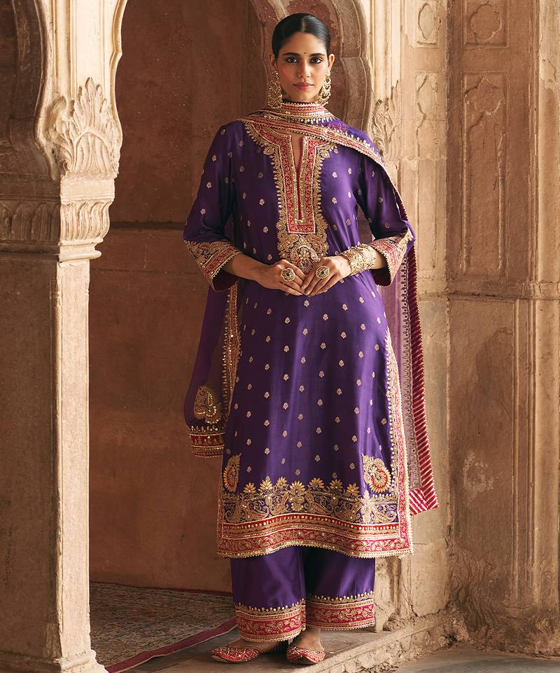 Purple embroidered chanderi silk kurta set
