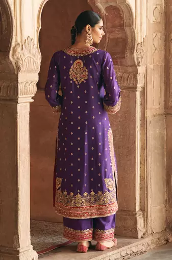 Purple embroidered chanderi silk kurta set
