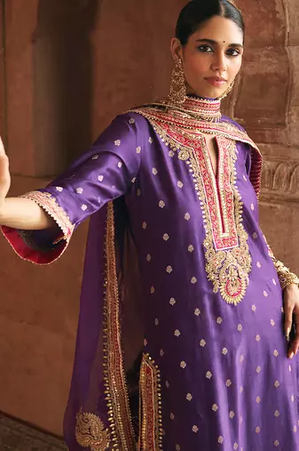 Purple embroidered chanderi silk kurta set