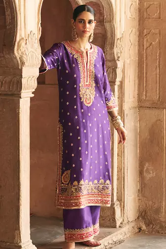 Purple embroidered chanderi silk kurta set