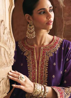Purple embroidered chanderi silk kurta set 5