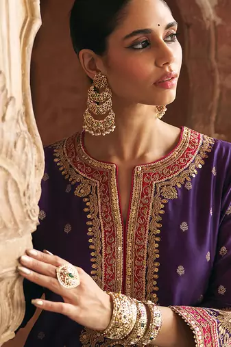 Purple embroidered chanderi silk kurta set