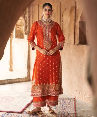 Orange embroidered chanderi silk kurta set 2