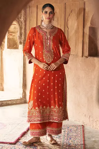 Orange embroidered chanderi silk kurta set