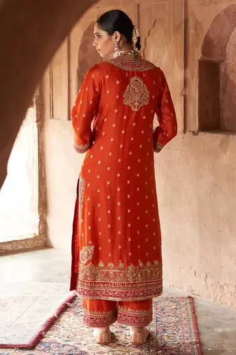 Orange embroidered chanderi silk kurta set