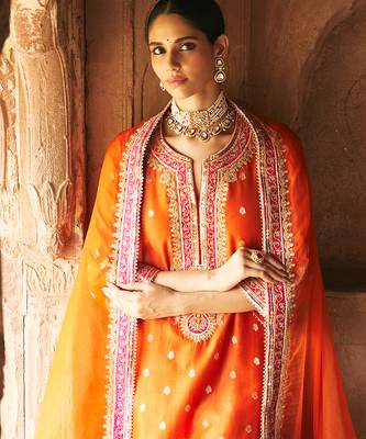 Orange embroidered chanderi silk kurta set 1