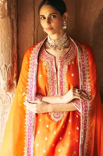 Orange embroidered chanderi silk kurta set