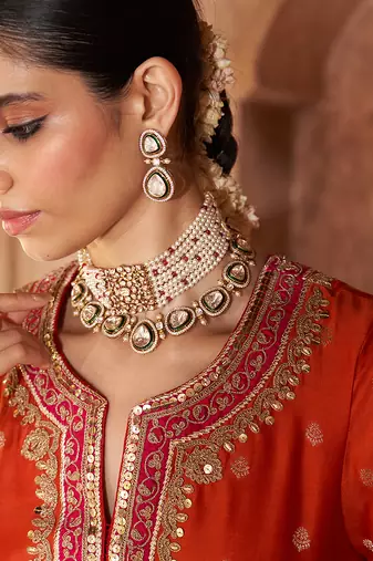 Orange embroidered chanderi silk kurta set