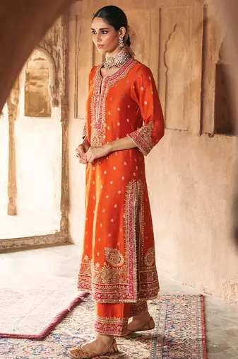 Orange embroidered chanderi silk kurta set