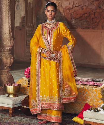 Mustard embroidered chanderi silk kurta set 1
