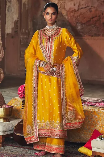 Mustard embroidered chanderi silk kurta set