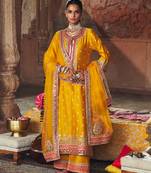Mustard embroidered chanderi silk kurta set