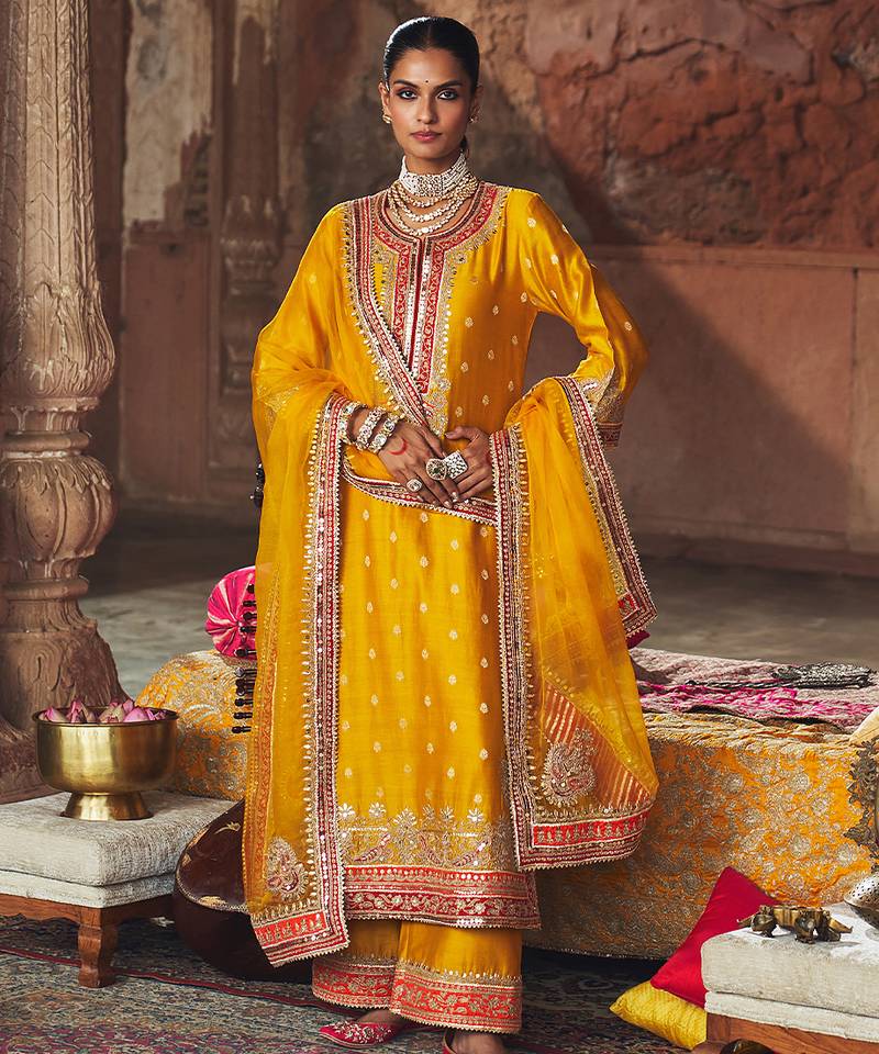 Mustard embroidered chanderi silk kurta set