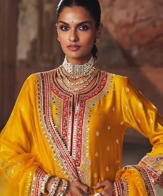 Mustard embroidered chanderi silk kurta set 2