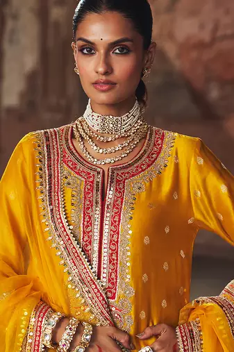 Mustard embroidered chanderi silk kurta set