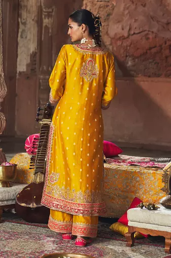 Mustard embroidered chanderi silk kurta set