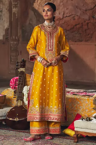 Mustard embroidered chanderi silk kurta set