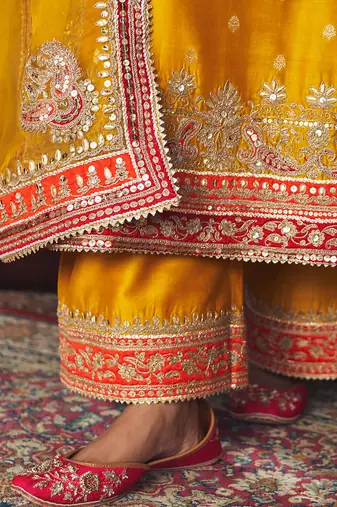 Mustard embroidered chanderi silk kurta set