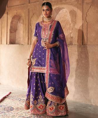 Purple embroidered chanderi silk sharara set 1